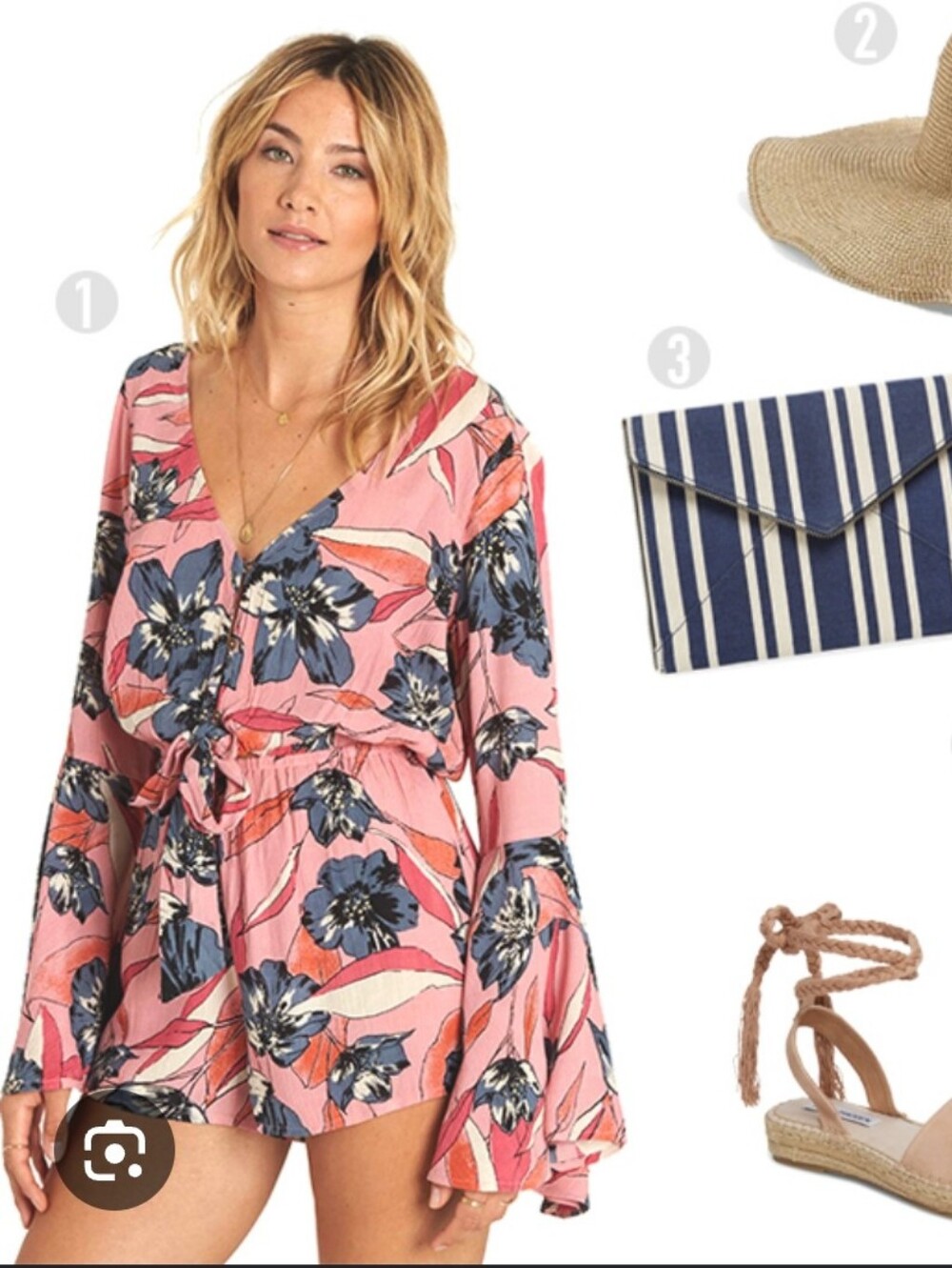 Billabing Pink Floral V-Neck Romper Bell Sleeves V Neck Plunge S